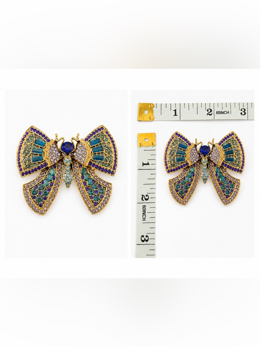 Large Blue & Teal Crystal Butterfly Brooch – Gold Tone Statement Pin - Picture 5 of 5